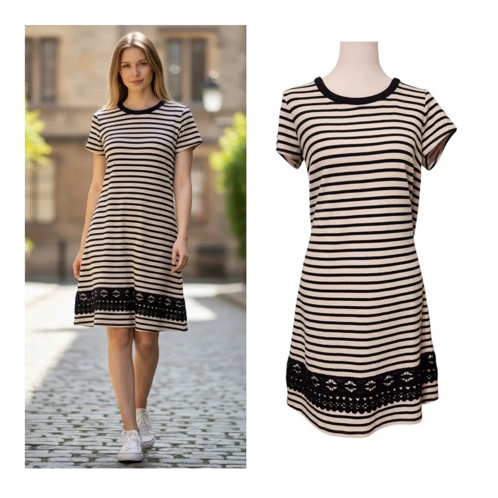 90s Vintage Dress Boho Preppy Striped Short-Sleeve Casual Fall Trends Size M